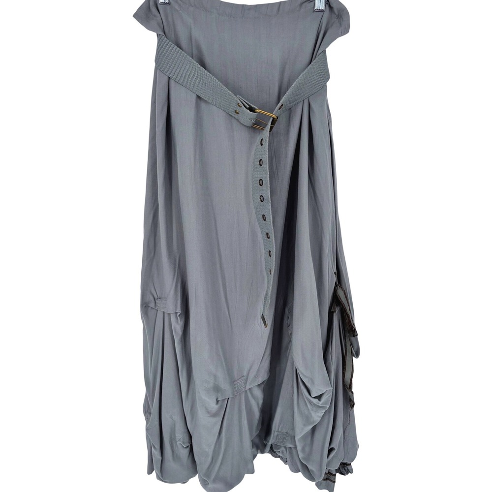 Saga Dusty Blue Lagenlook Draped Bustle Midi Skirt with Belted Waist Size 2